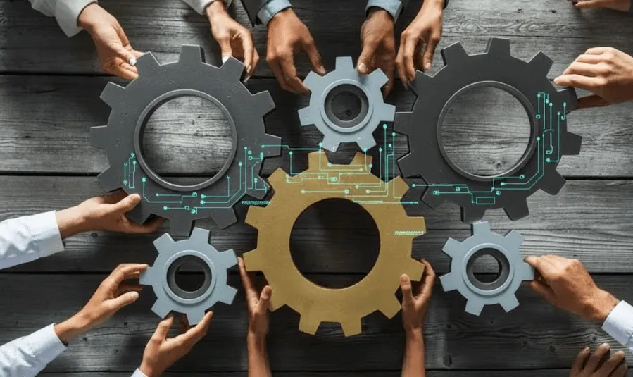 Team working together with gears